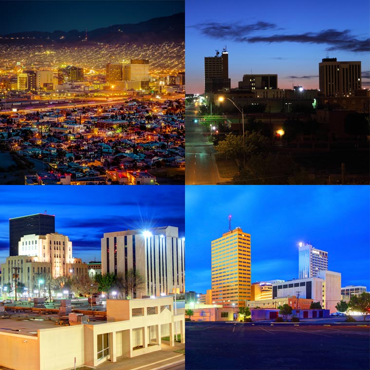 El Paso, Lubbock, Amarillo, and Midland skylines